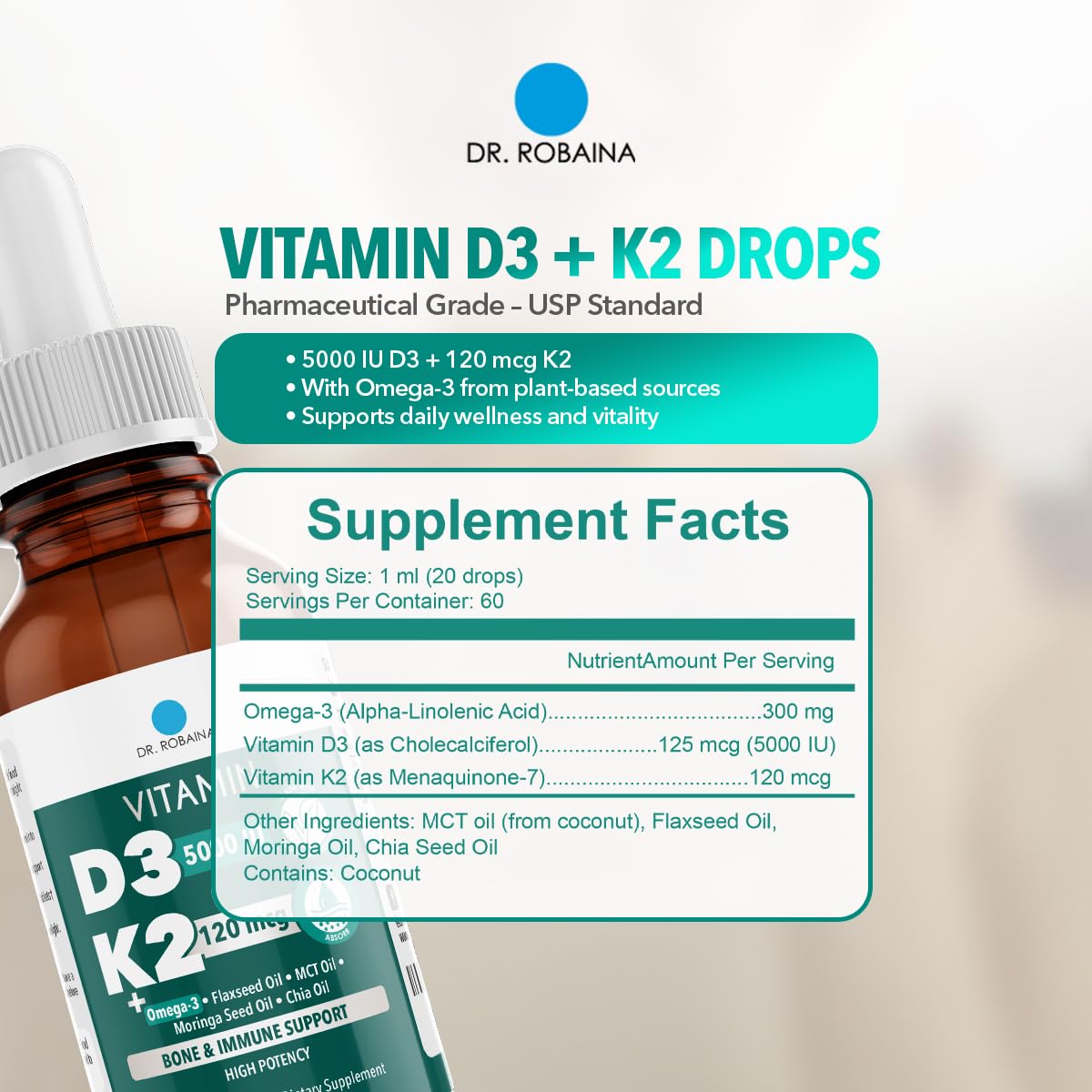 Dr. Robaina D3 + K2 Drops USA-made quality assurance badge and packaging.