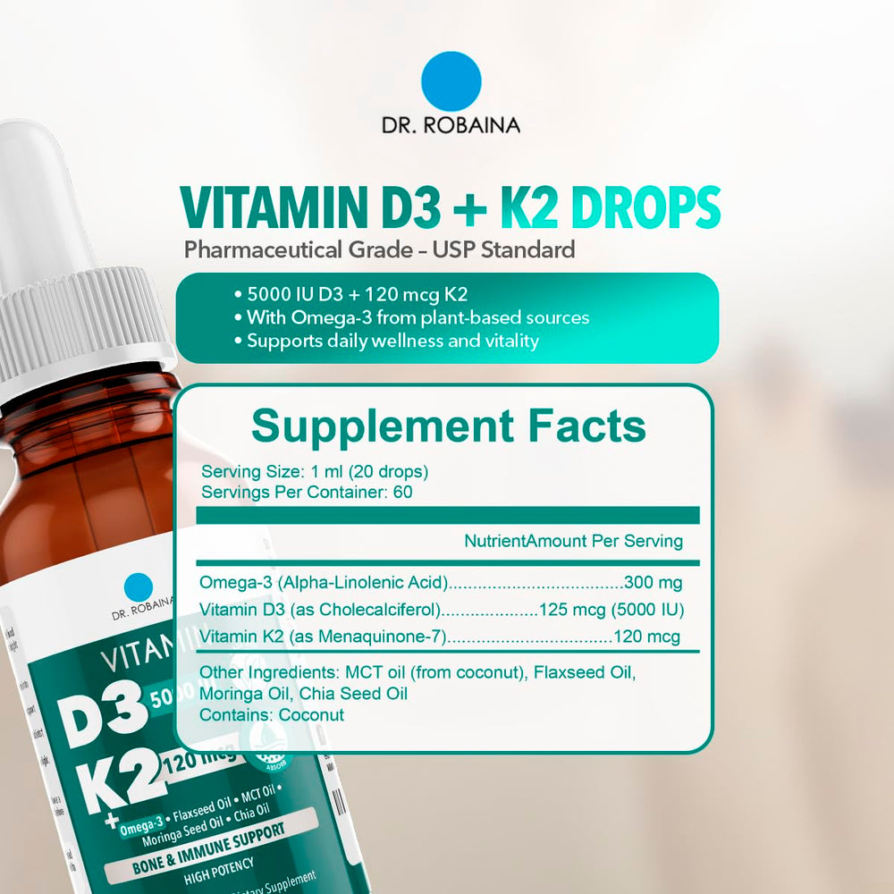 Dr. Robaina D3 + K2 Drops USA-made quality assurance badge and packaging.