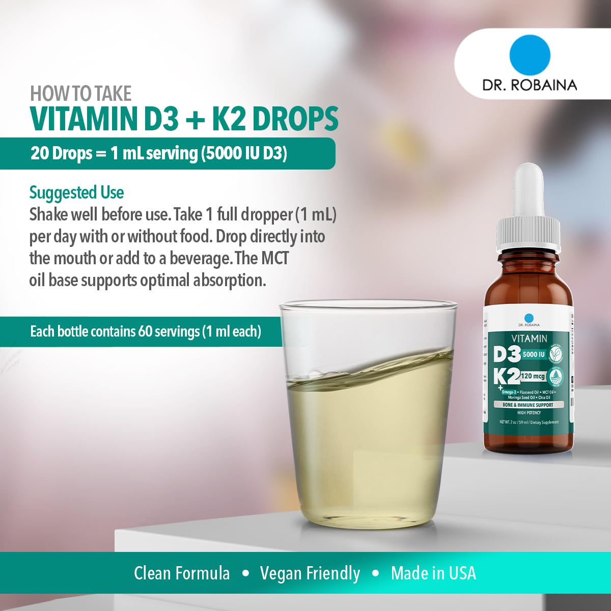 Dr. Robaina D3 + K2 Drops usage scene showing dropper under tongue for fast delivery.