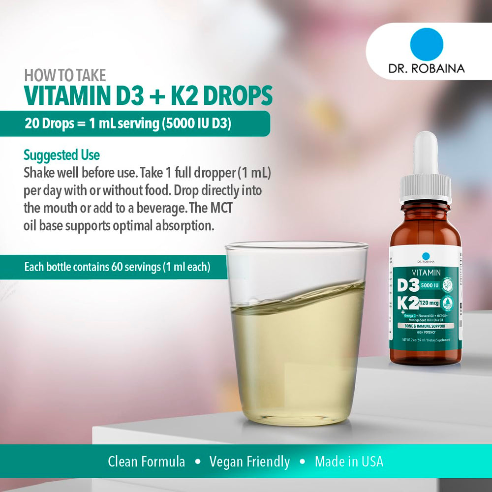 Dr. Robaina D3 + K2 Drops usage scene showing dropper under tongue for fast delivery.