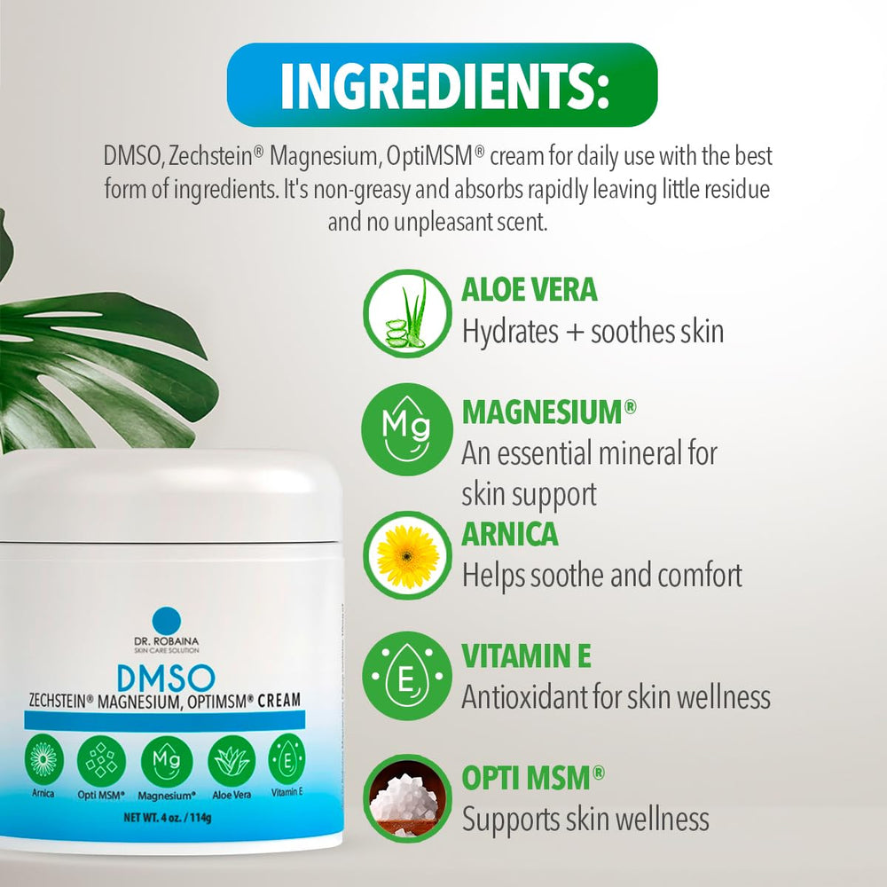 Aloe Vera and Vitamin E in Dr. Robaina DMSO Cream nourish skin.