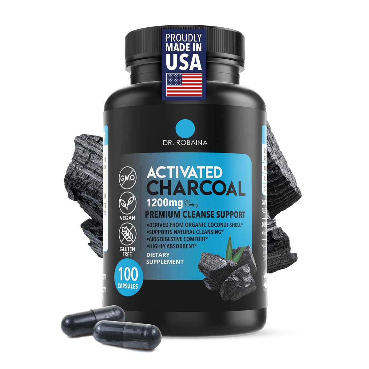 Dr. Robaina envase cápsulas carbón activado 1200 mg para uso diario.