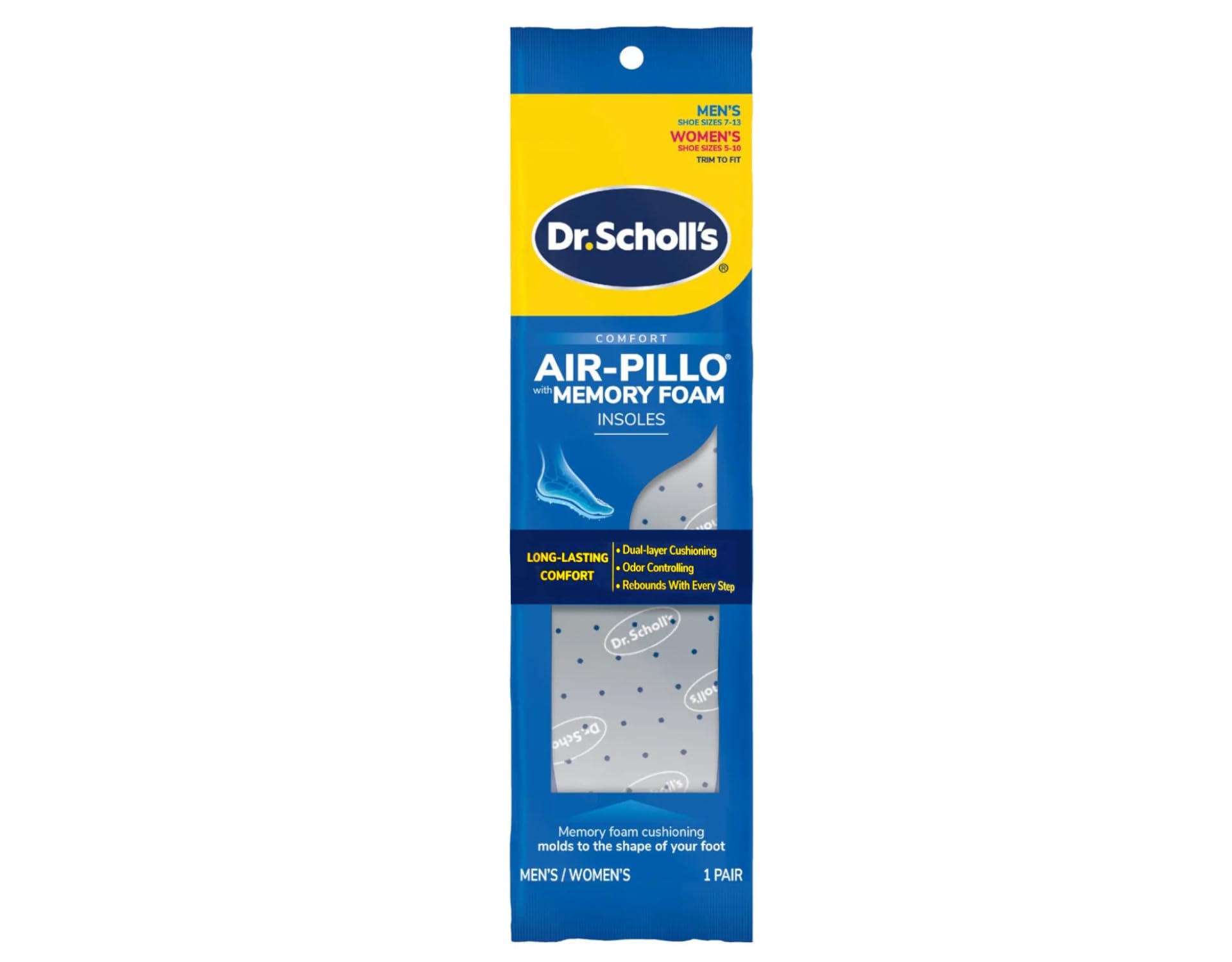 Dr. Scholl's Air-Pillo insoles in-shoe fit offering hour-by-hour cushioning.