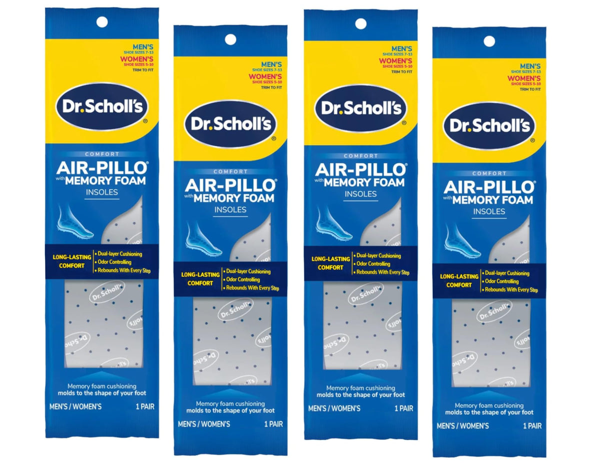 Dr. Scholl's Air-Pillo insoles top view in packaging for easy fit and comfort.