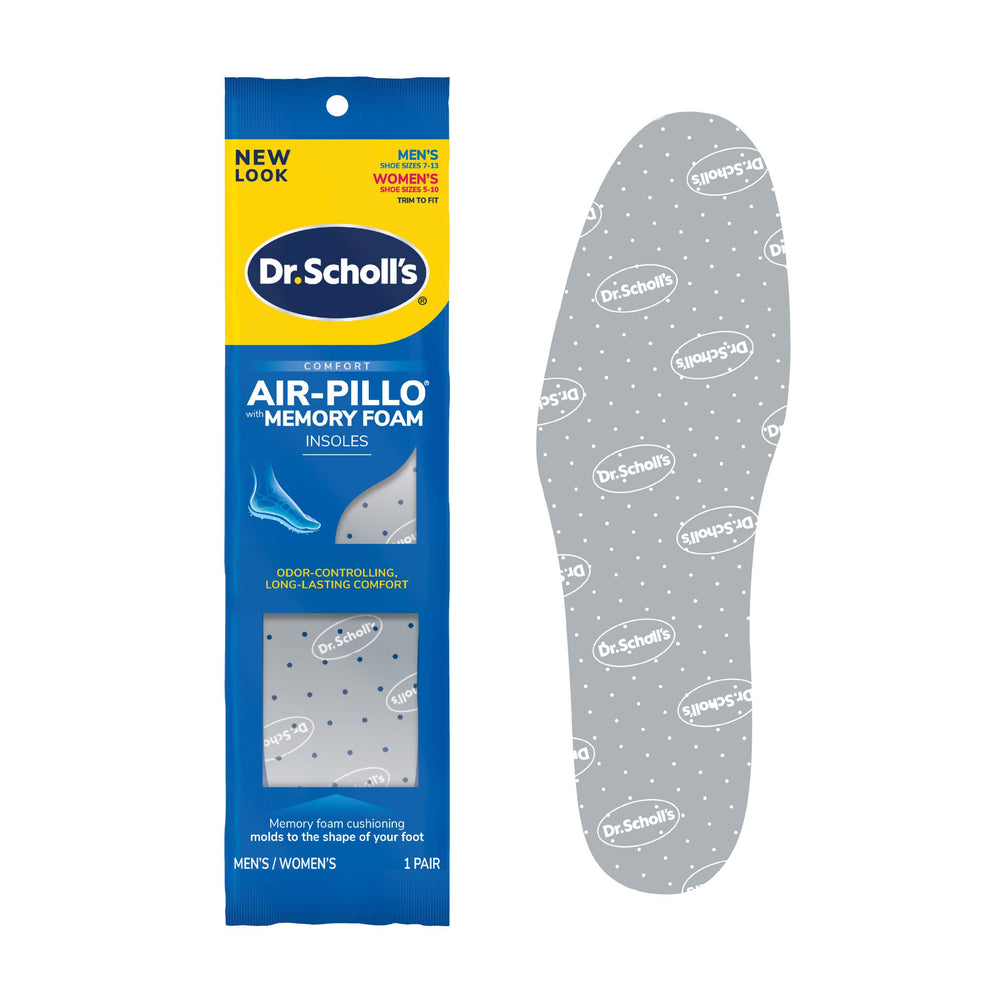 Dr. Scholl's Air-Pillo odor-control layer delivering fresh-feel feet throughout the day.