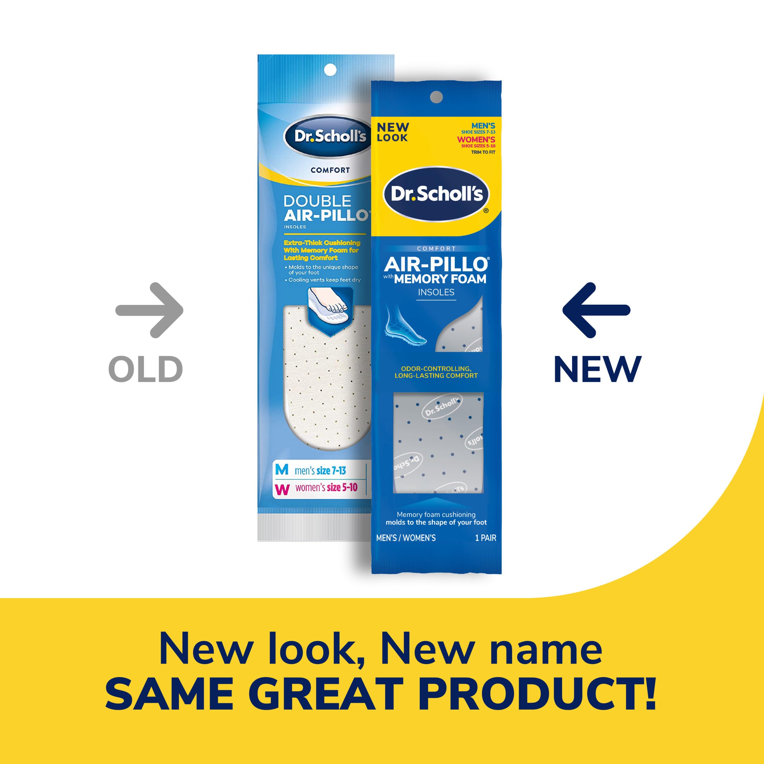 Dr. Scholl's Air-Pillo trim-to-fit sizes for men 7–13, women 5–10.