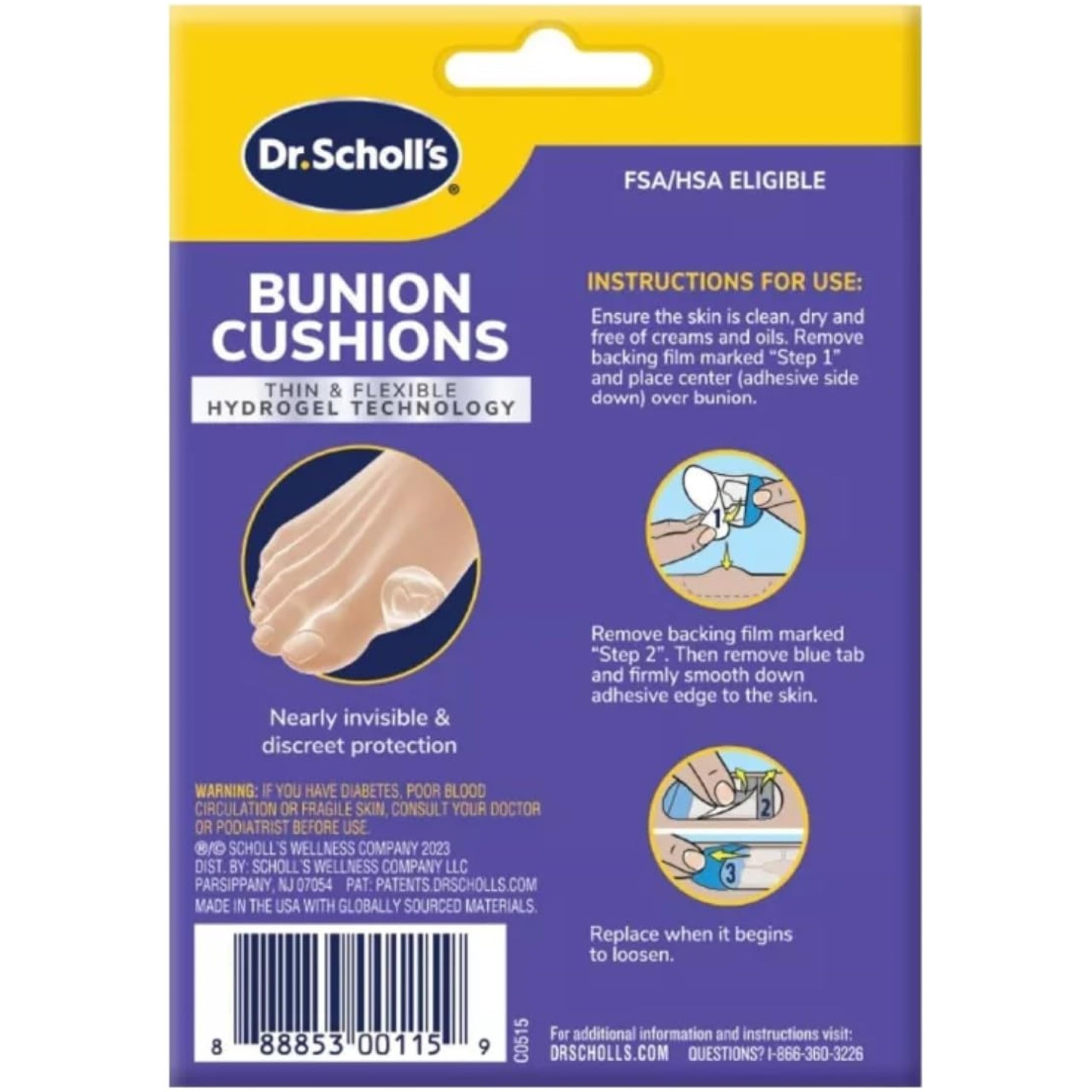 Dr. Scholl's Bunion Cushions measure 1.5 by 1.1 inches for precise fit.