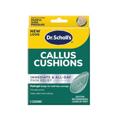 Dr. Scholl's Callus Cushions packaging highlights hydrogel cushioning for extended comfort