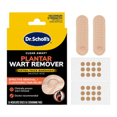 Dr Scholl's Clear Away bandages front view showing extra-thick cushioning for plantar wart care.