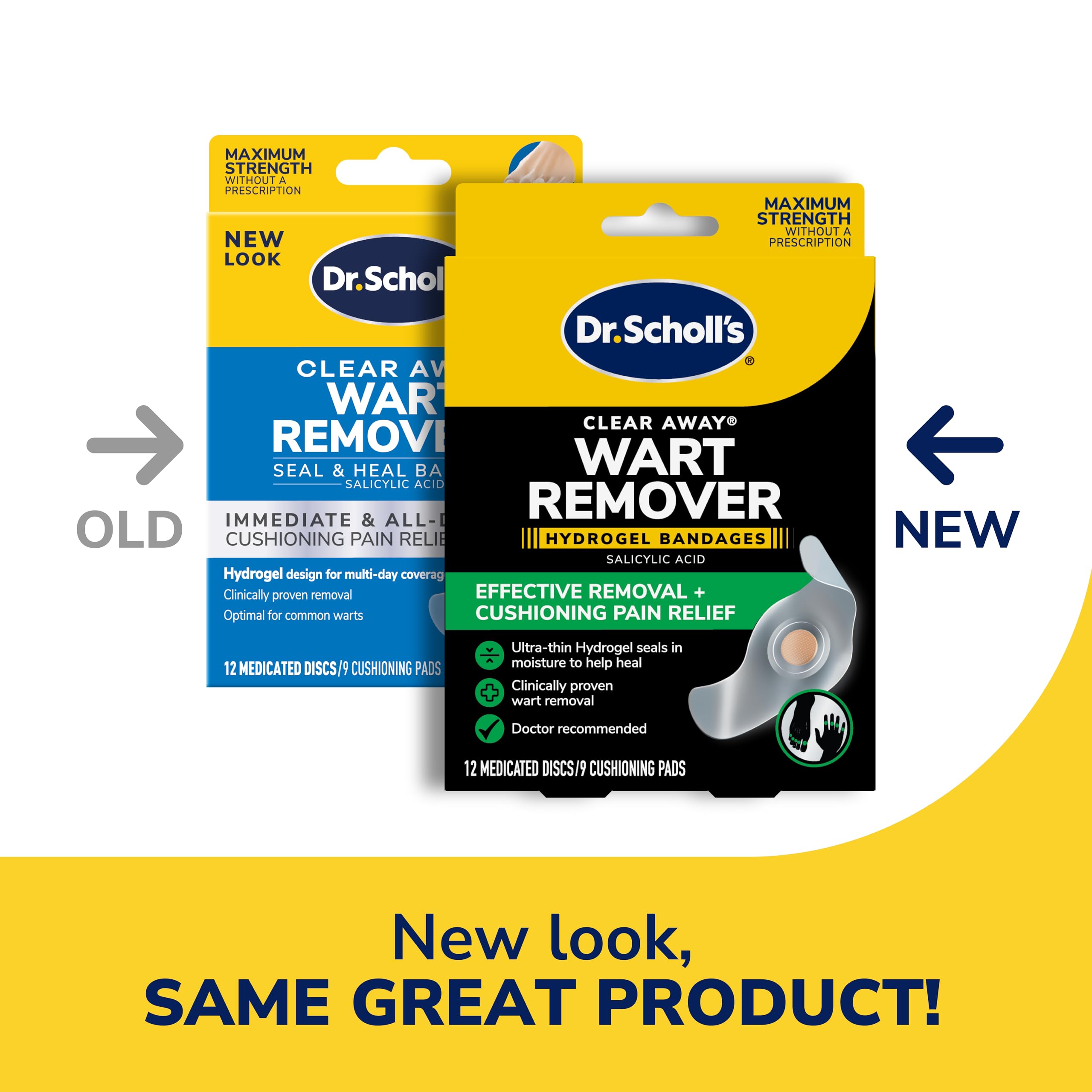 Dr. Scholl's Clear Away wart remover hydrogel bandages for toes, with cushioning support.