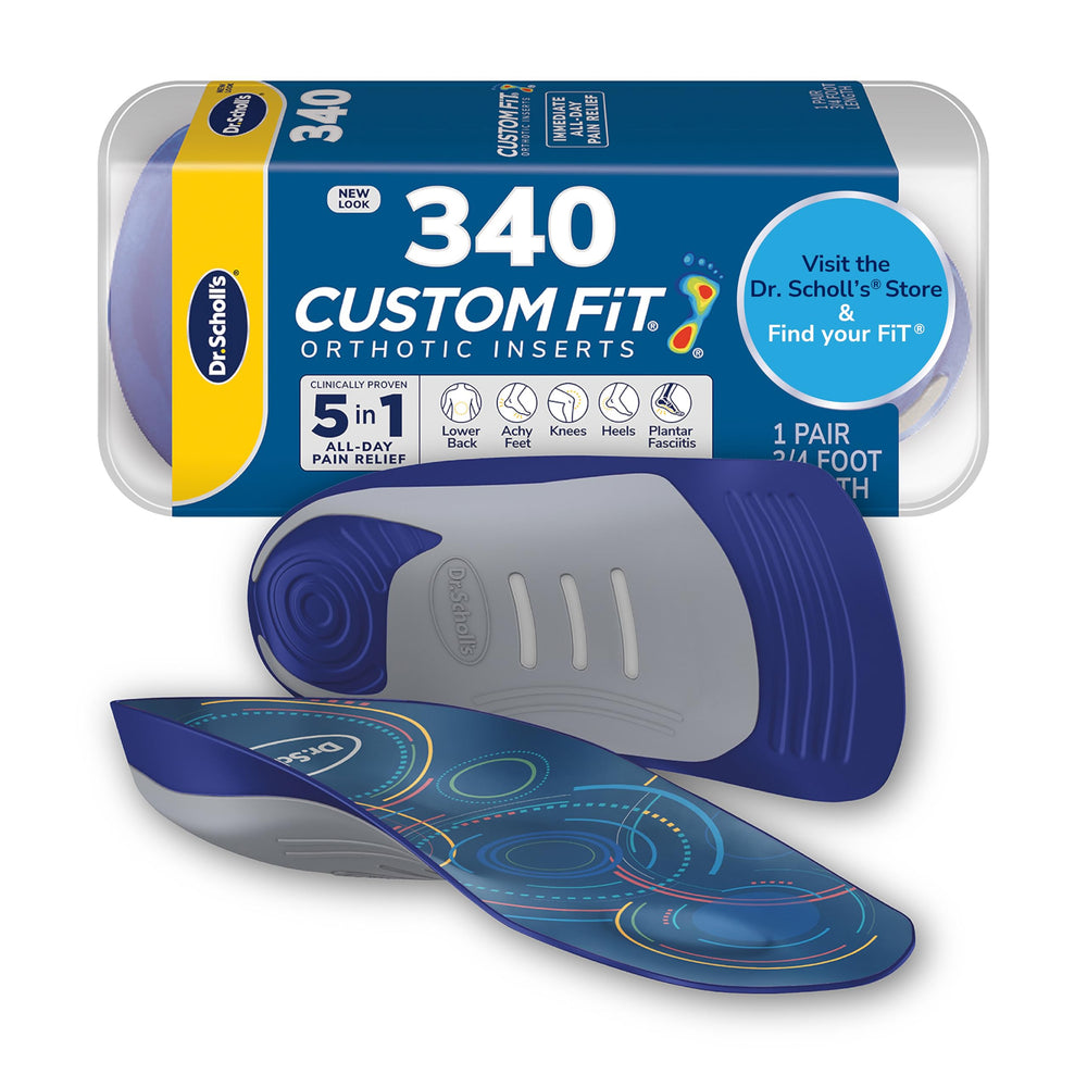 Dr. Scholl's Custom Fit orthotics inside a shoe showing targeted arch support.