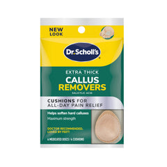 Dr. Scholl's Extra Thick Callus Remover 4ct packaging shown for all-day comfort