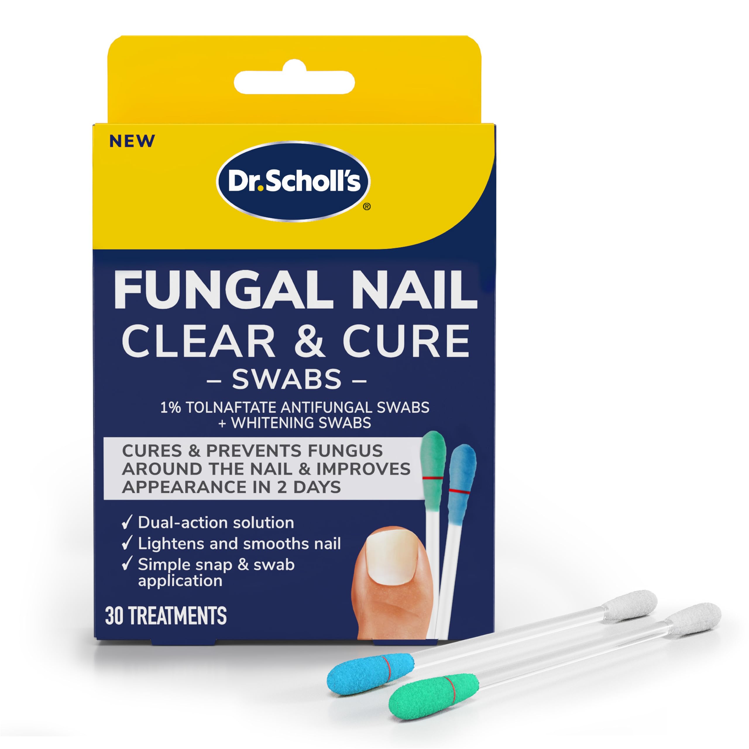 Dr Scholl's packaging shows clear and cure swabs kit for convenient home use.