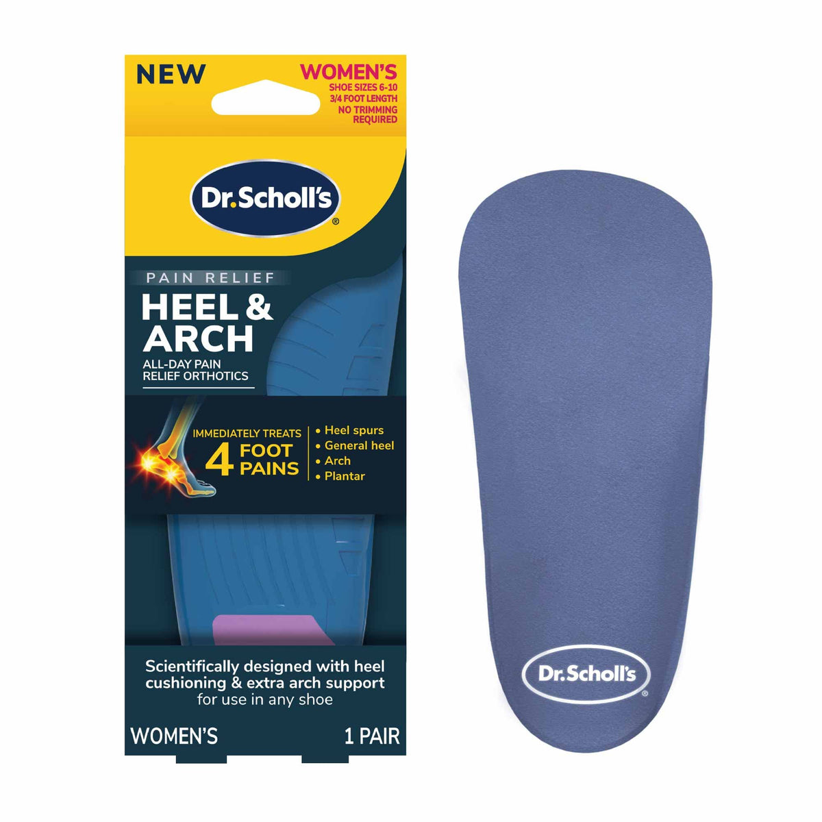 Dr. Scholl’s heel and arch orthotics deliver all-day relief inside a ¾-length insert.