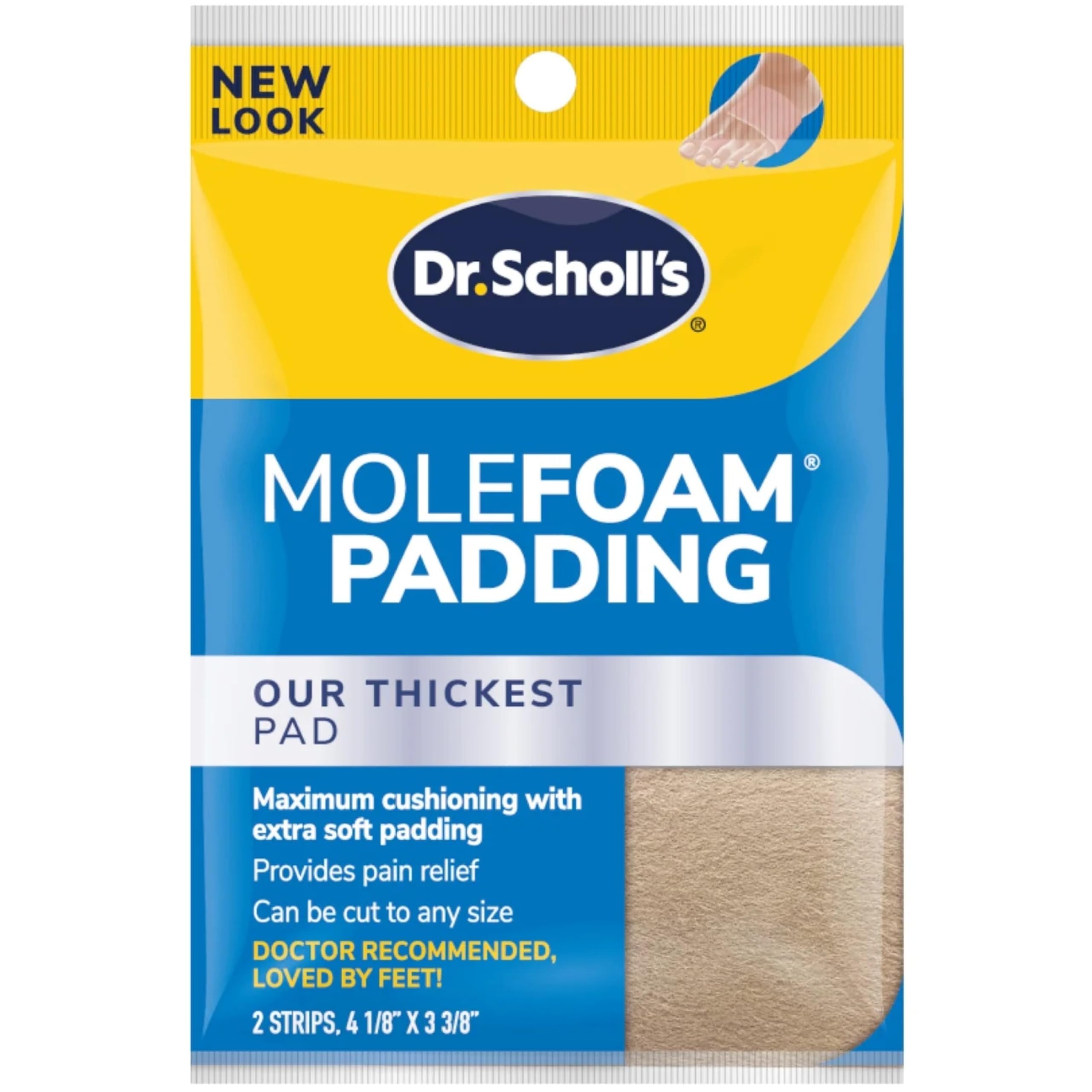 Dr. Scholl's Molefoam padding in package with two strips for all-day comfort.