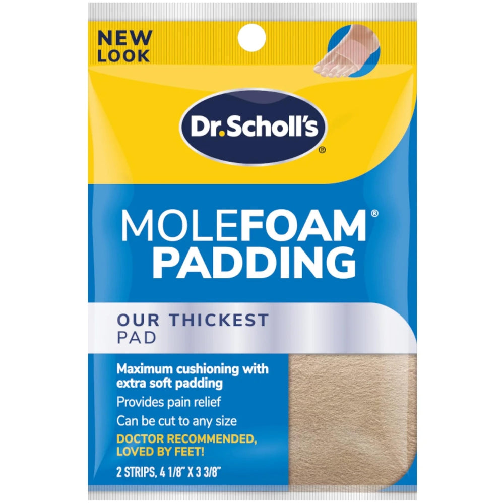 Dr. Scholl's Molefoam padding in package with two strips for all-day comfort.