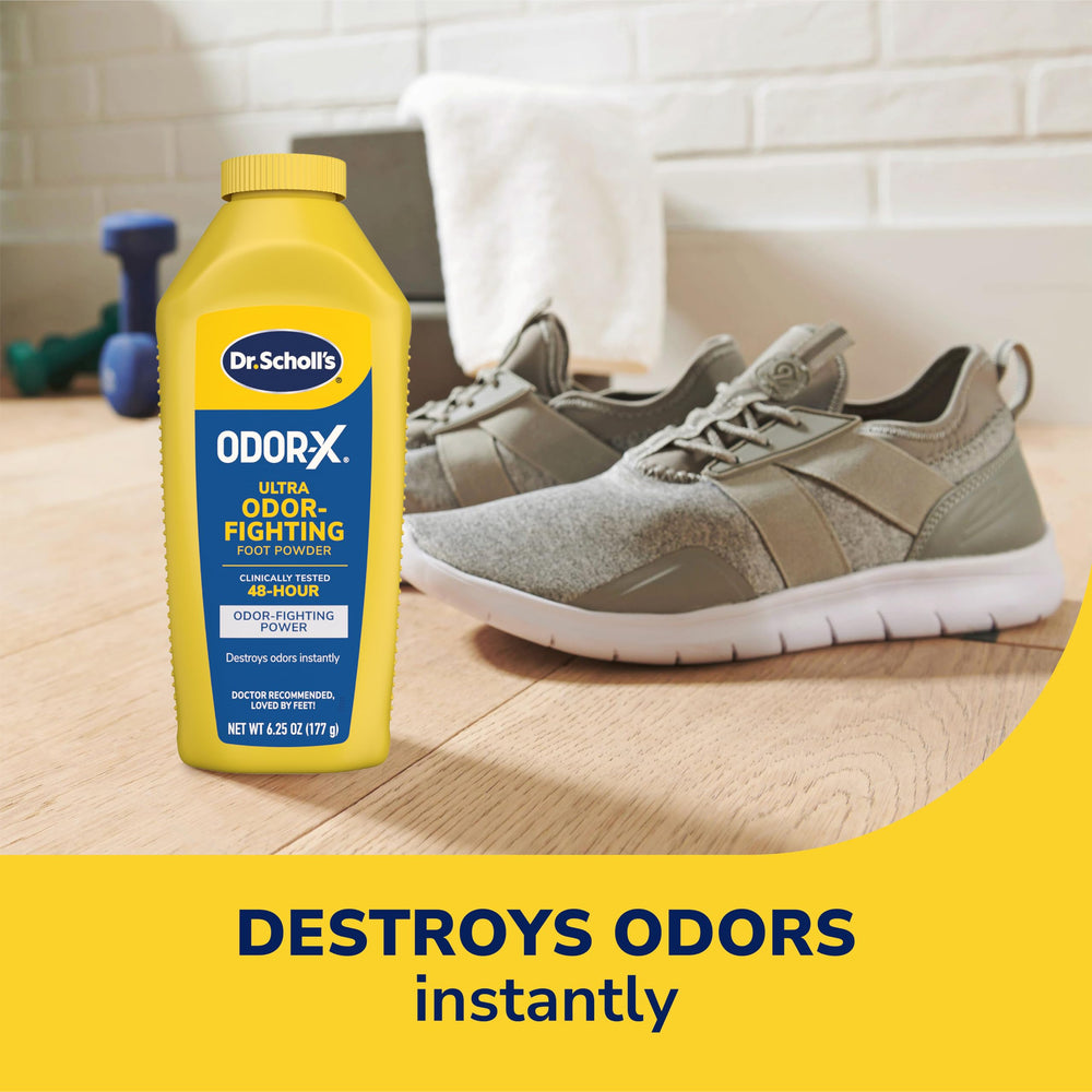 Dr. Scholl's Odor-X Ultra being sprinkled on feet for quick odor protection.