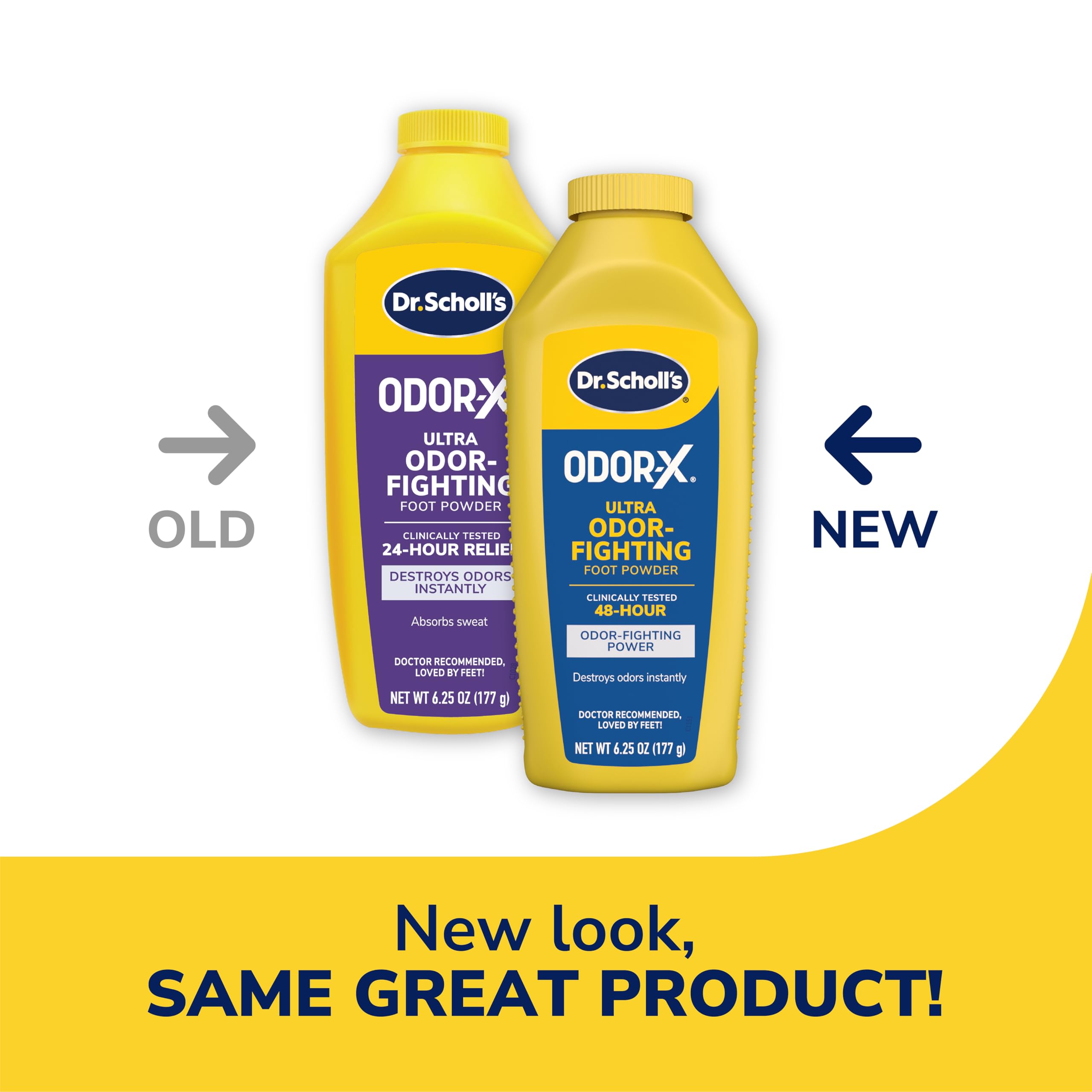 Dr. Scholl's Odor-X Ultra talc-free formula label highlights odor and moisture control.