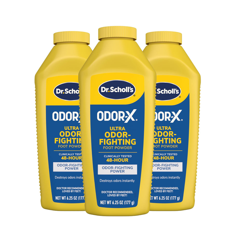 Dr. Scholl's Odor-X Ultra powder tub front view for all-day freshness.