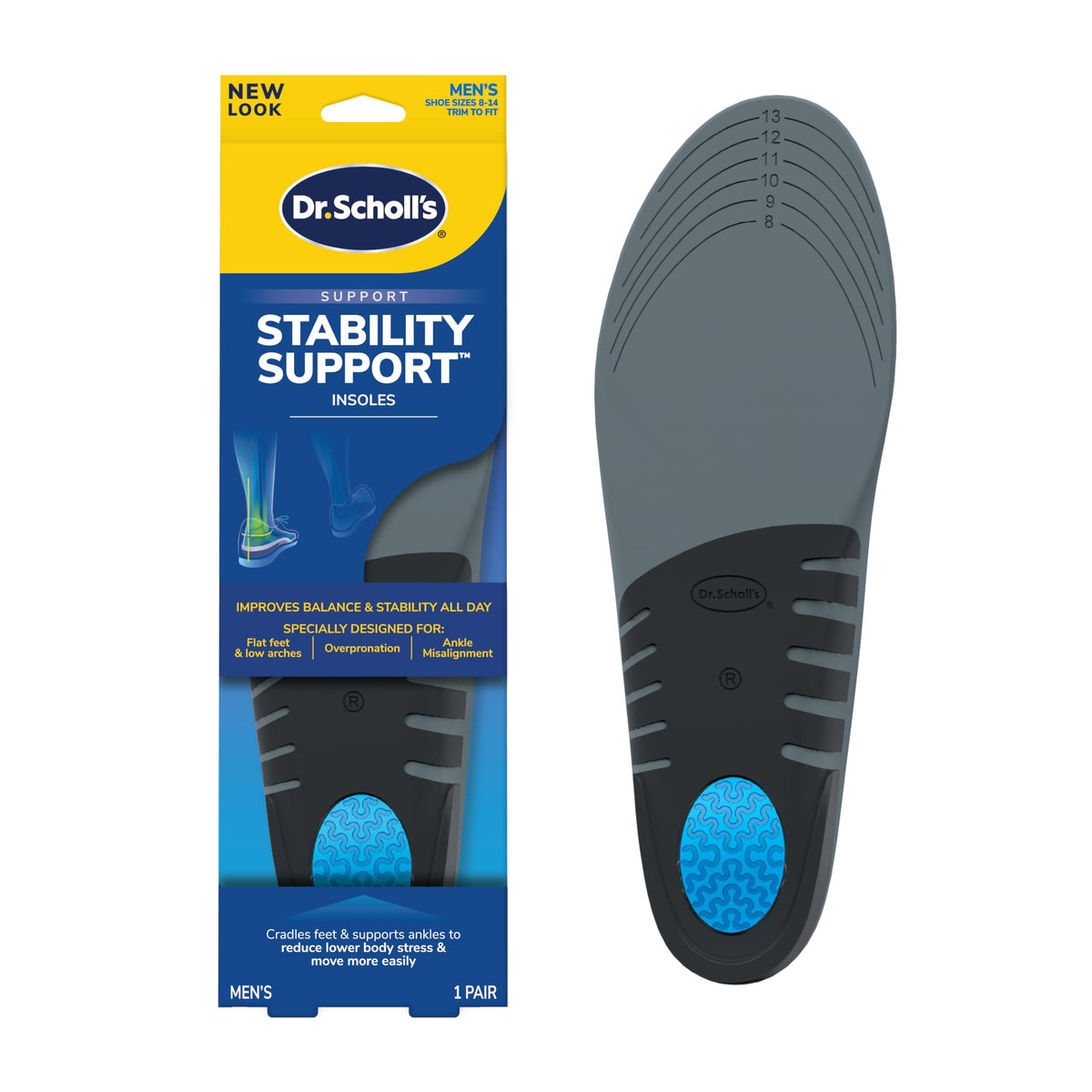 Dr. Scholl's Stability shell insoles provide arch support for a steadier stride.