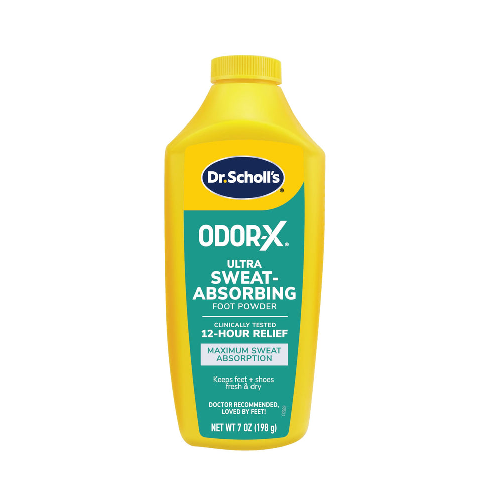 Dr. Scholl's Ultra-Sweat absorbing foot powder bottle for all-day dryness.
