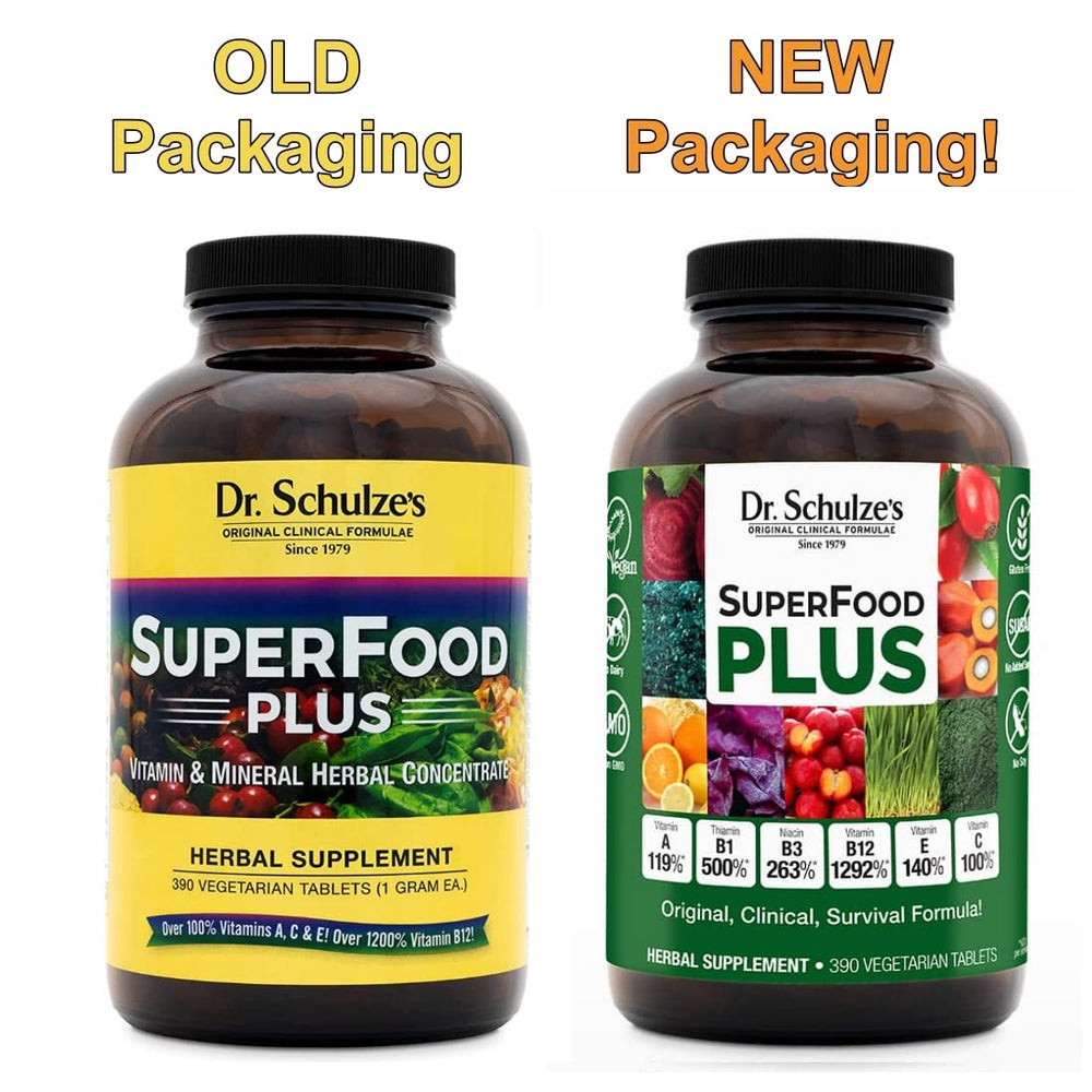 Dr. Schulze's SuperFood Plus label closeup showing vegan ingredients