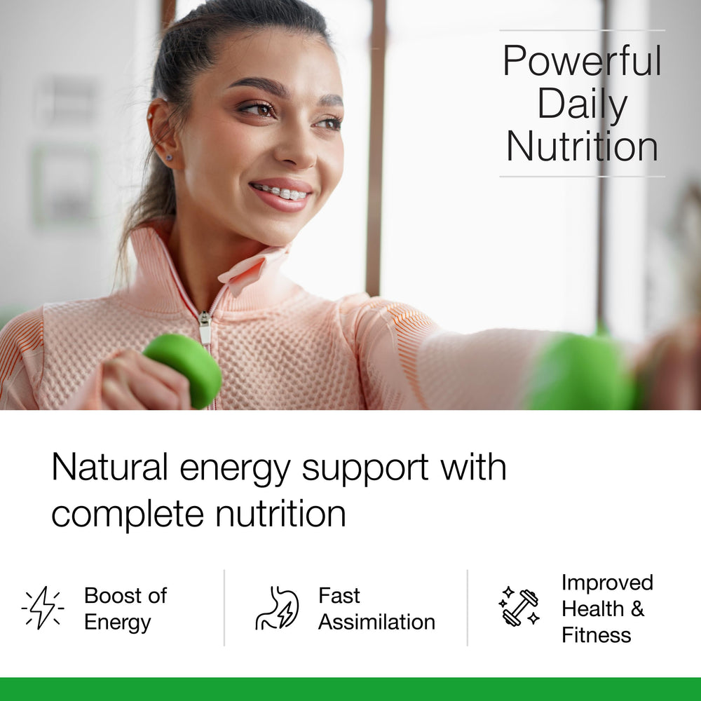 Close-up of the green powder blend highlighting plant-based greens and antioxidants.