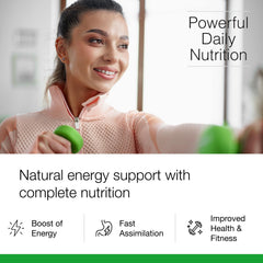 Close-up of the green powder blend highlighting plant-based greens and antioxidants.