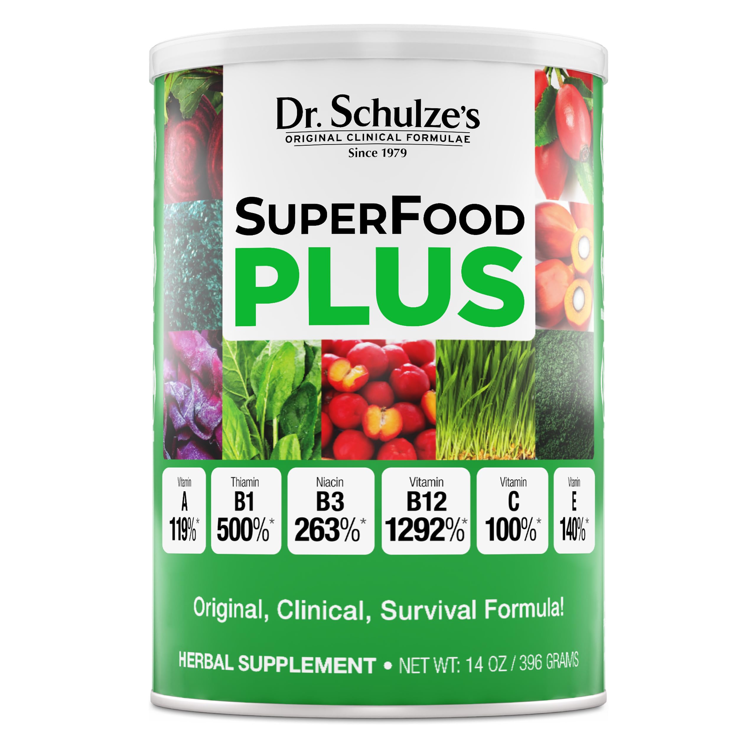 Dr. Schulze's SuperFood Plus packaging shows vegan, gluten-free daily nutrition.