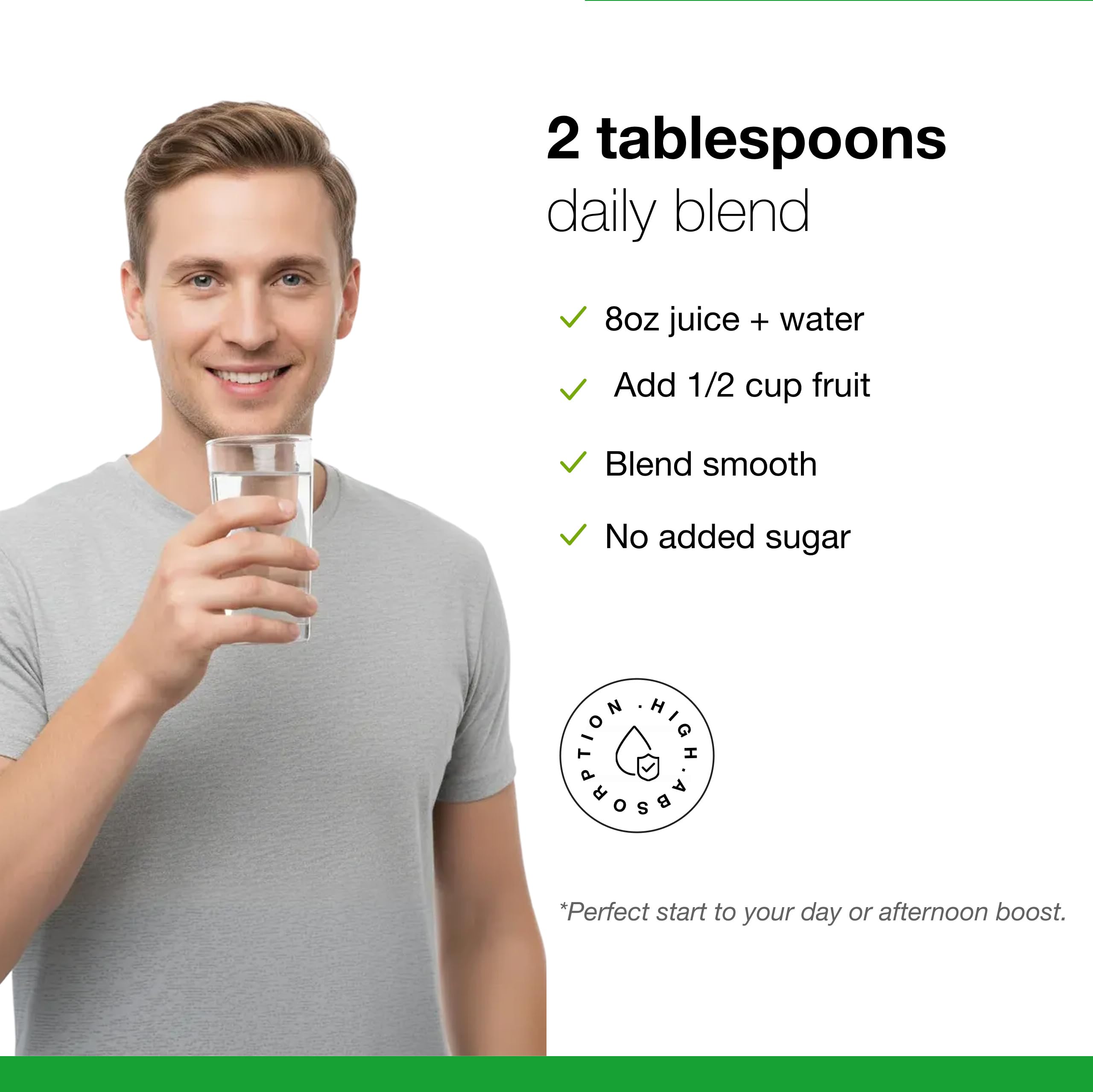 Pouring Dr. Schulze's SuperFood Plus powder into a glass for a quick drink.