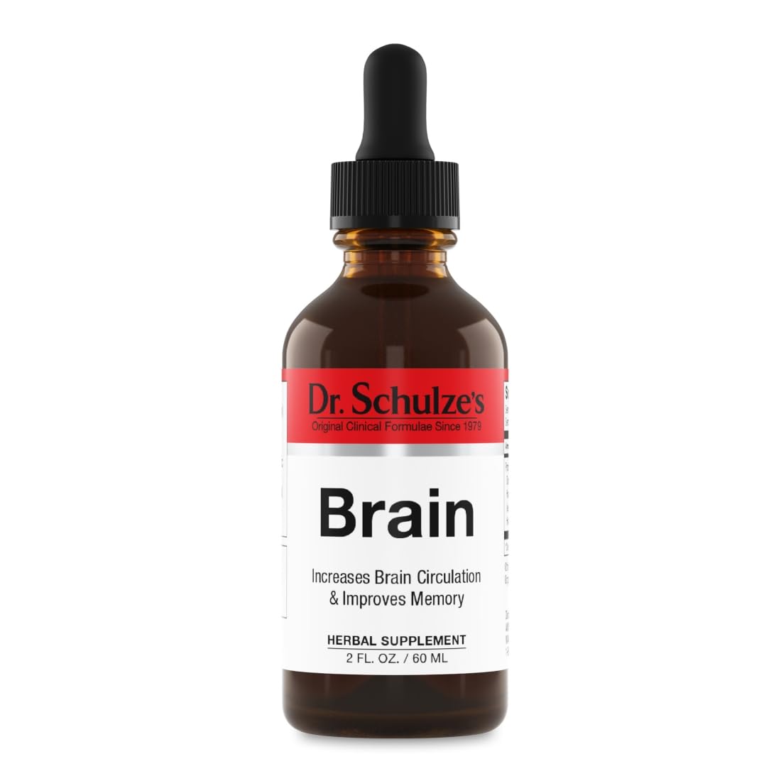Dr. Schulze's Brain Formula bottle front shows vegan brain support for focus
