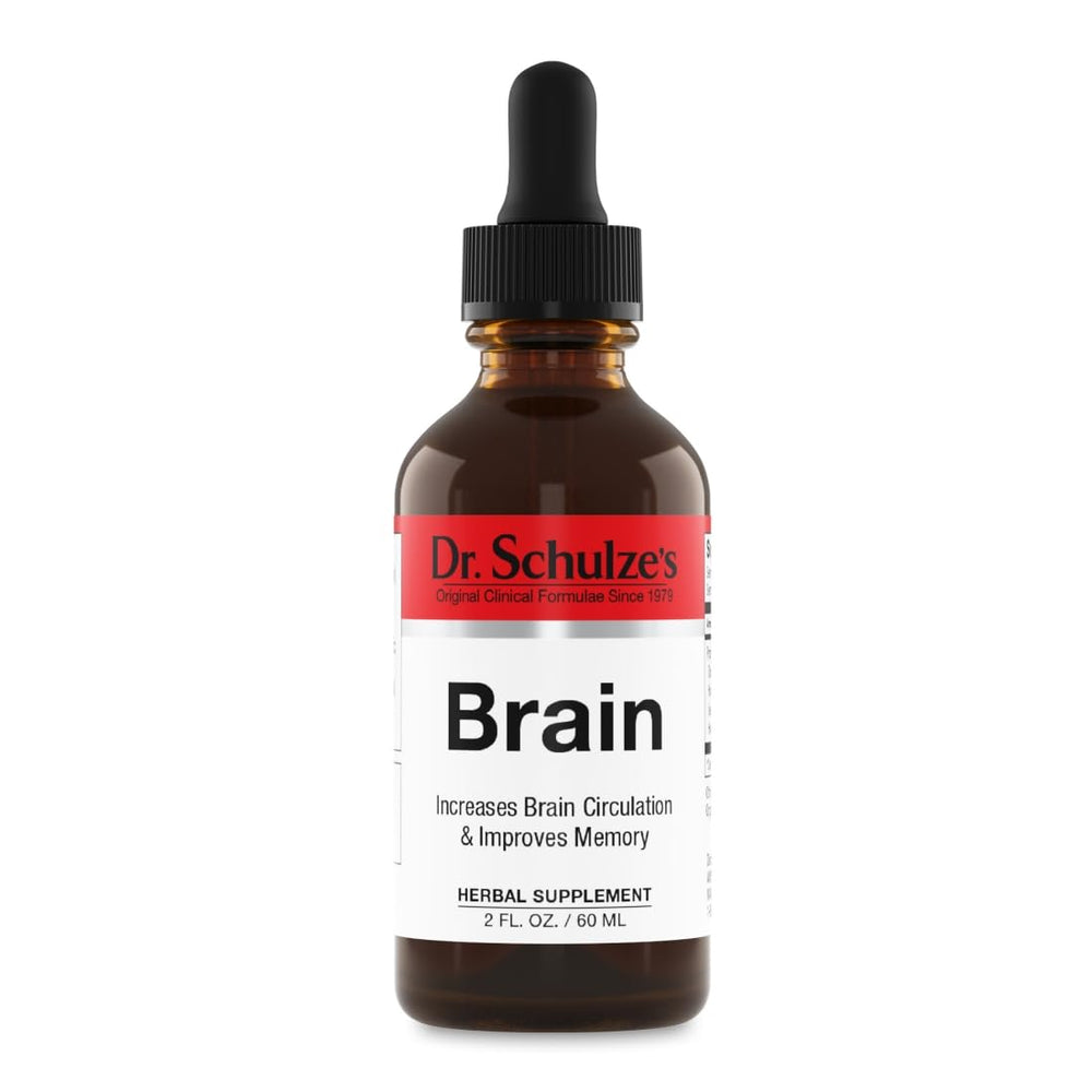 Dr. Schulze's Brain Formula bottle front shows vegan brain support for focus