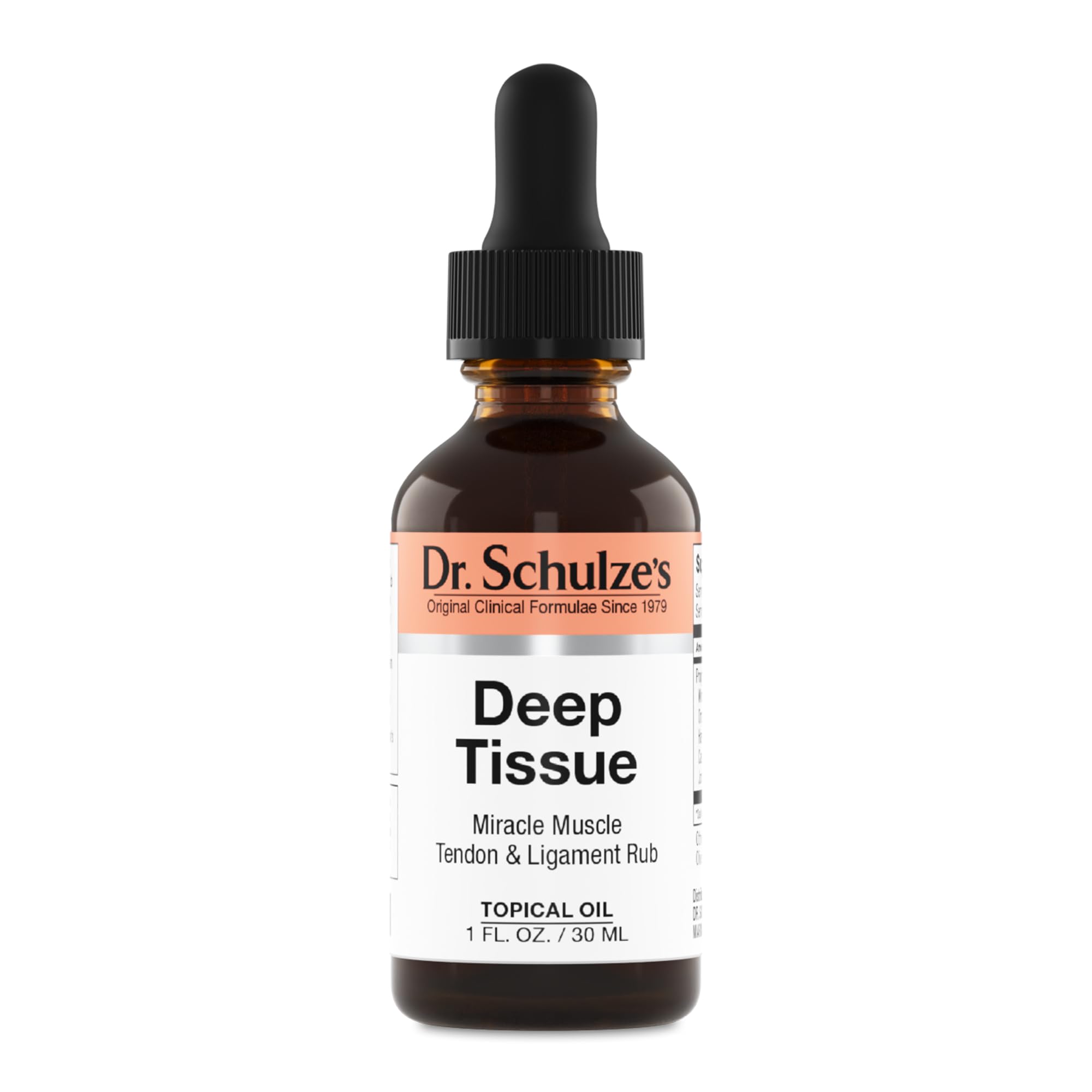 Dr. Schulze's Deep Tissue Oil bottle being applied to a shoulder for deep relief.