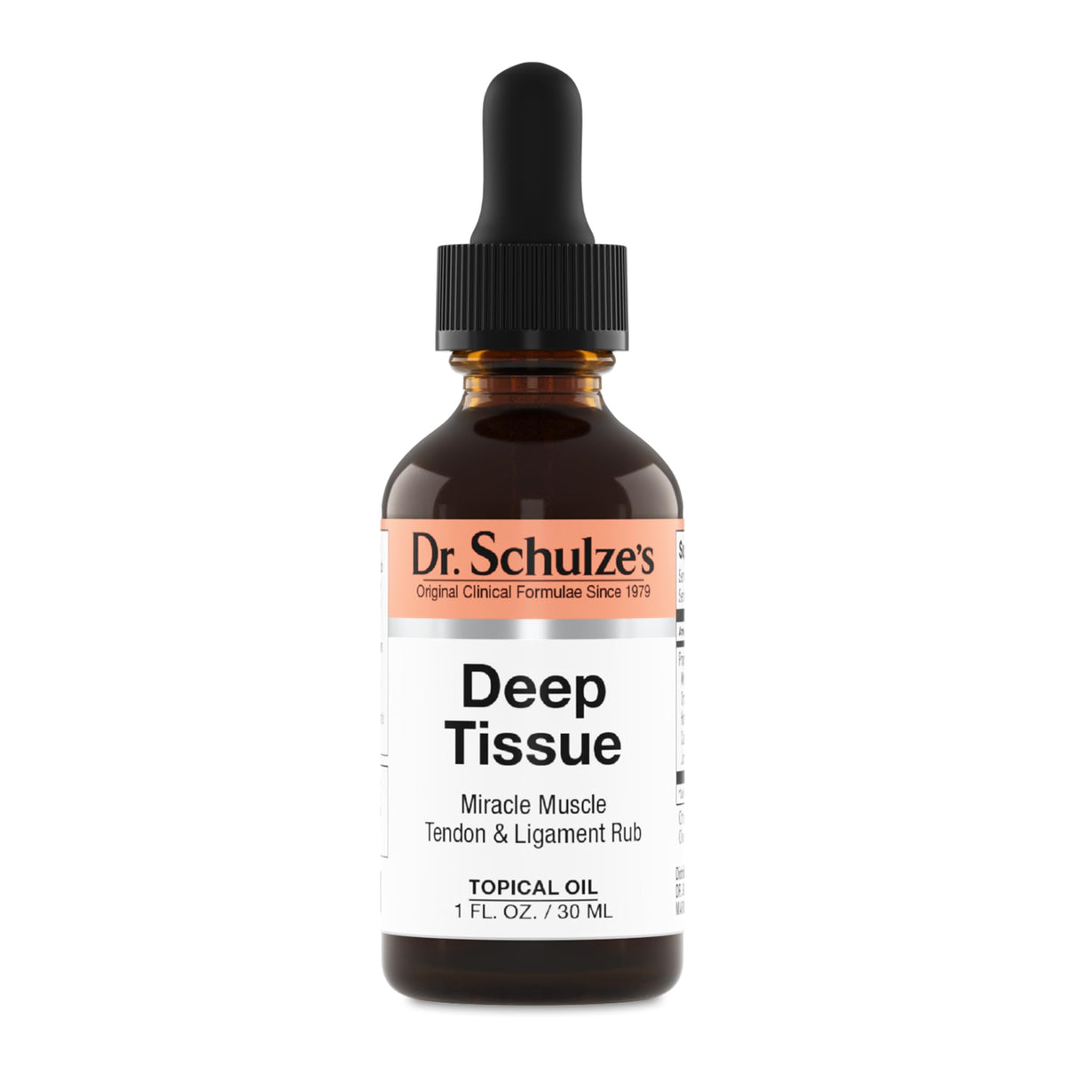 Dr. Schulze's Deep Tissue Oil bottle being applied to a shoulder for deep relief.