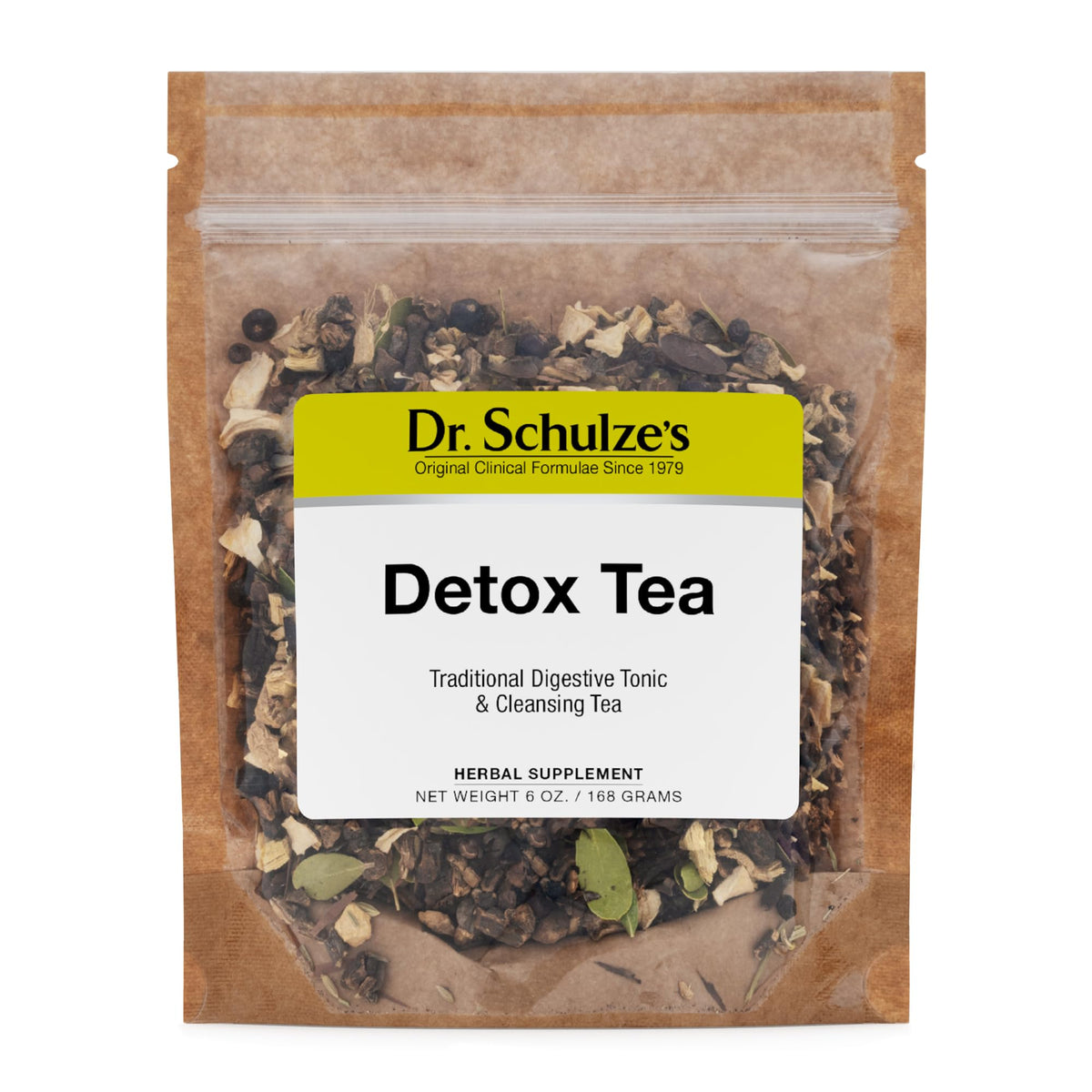Dr. Schulze's Detox Tea pack showing the all-purpose herbal formula for digestion support