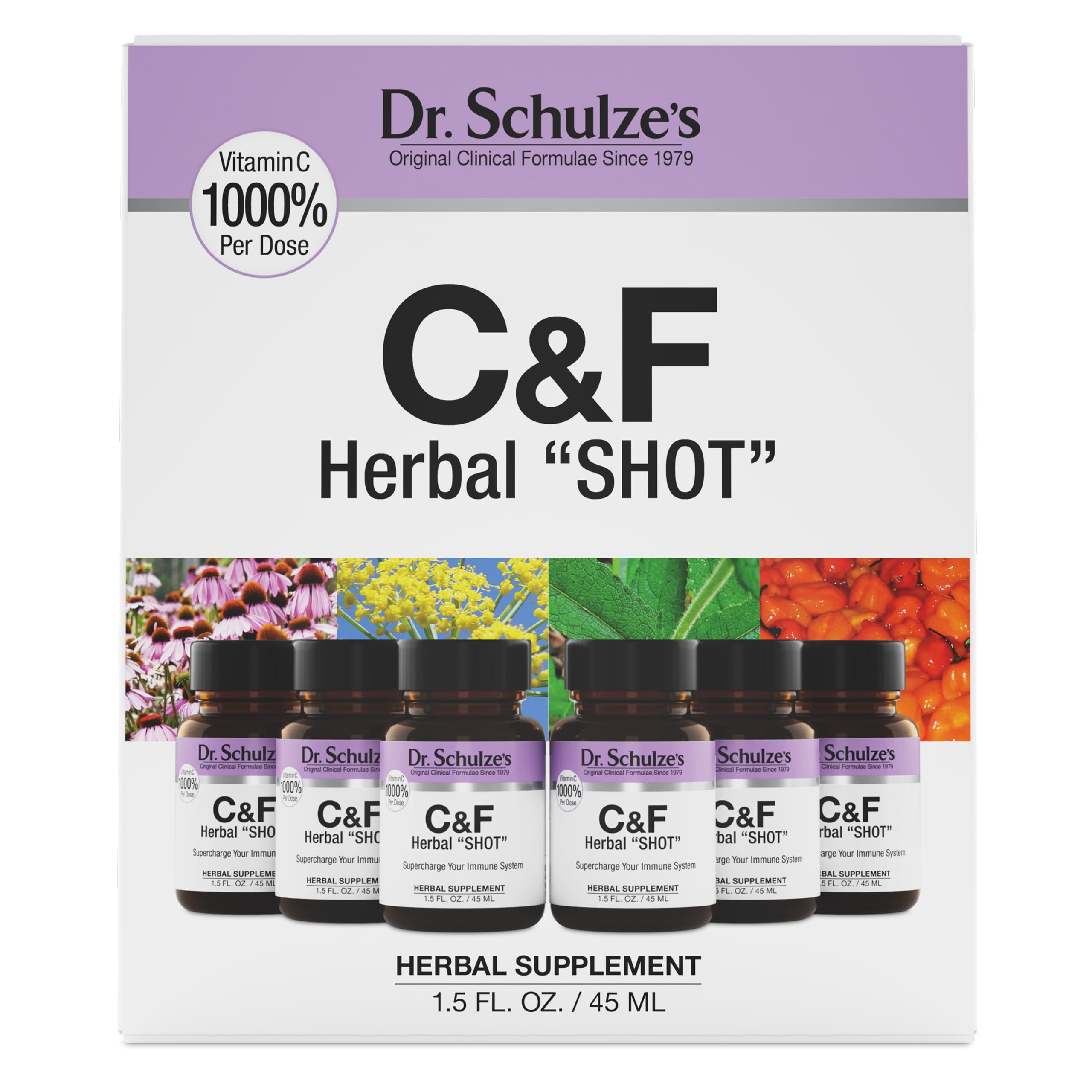 Dr. Schulze's Herbal Shot bottle front highlights immune-support blend for daily resilience