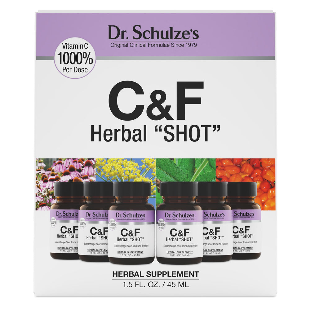 Dr. Schulze's Herbal Shot bottle front highlights immune-support blend for daily resilience