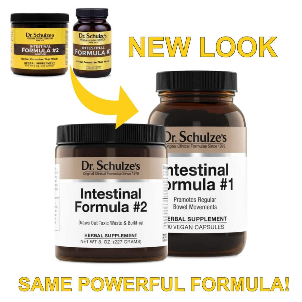 Dr. Schulze's Intestinal Formula 1 capsules bottle close-up for regularity.
