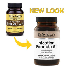 Dr. Schulze's Intestinal Formula 1 capsules poured into a spoon showing daily wellness.