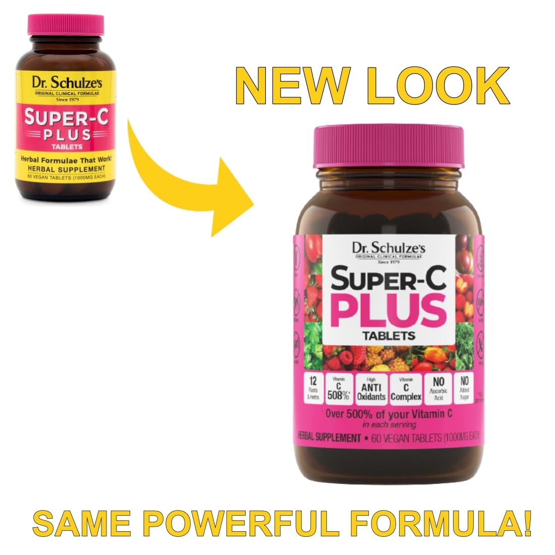 Dr. Schulze's Super-C Plus back label shows ingredients and daily serving details for transparency.