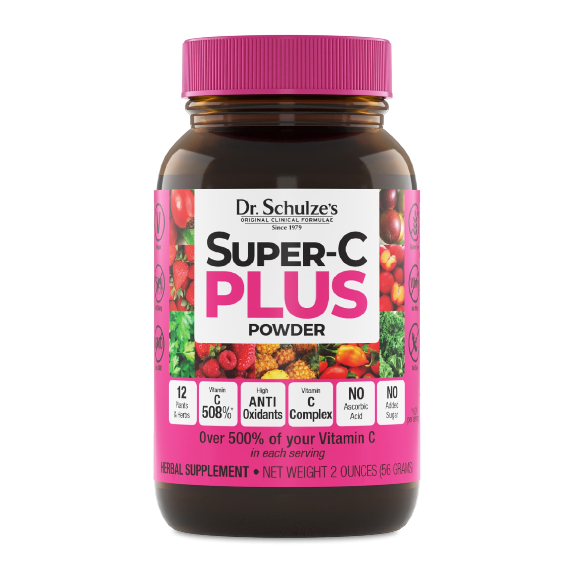 Dr. Schulze's Super-C Plus bottle highlighting vegan vitamin C for daily immune and skin support.