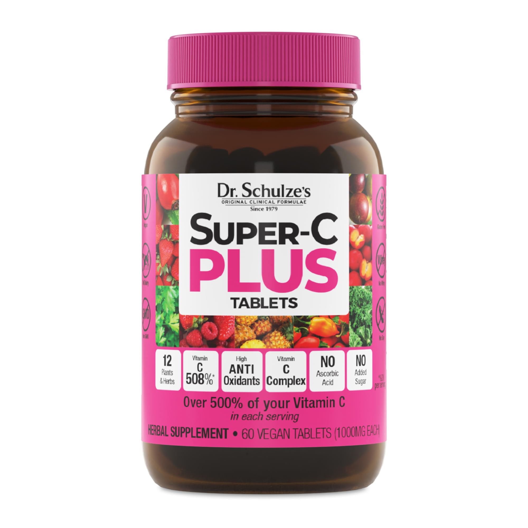 Dr. Schulze's Super-C Plus bottle front view highlighting immune-support appeal.
