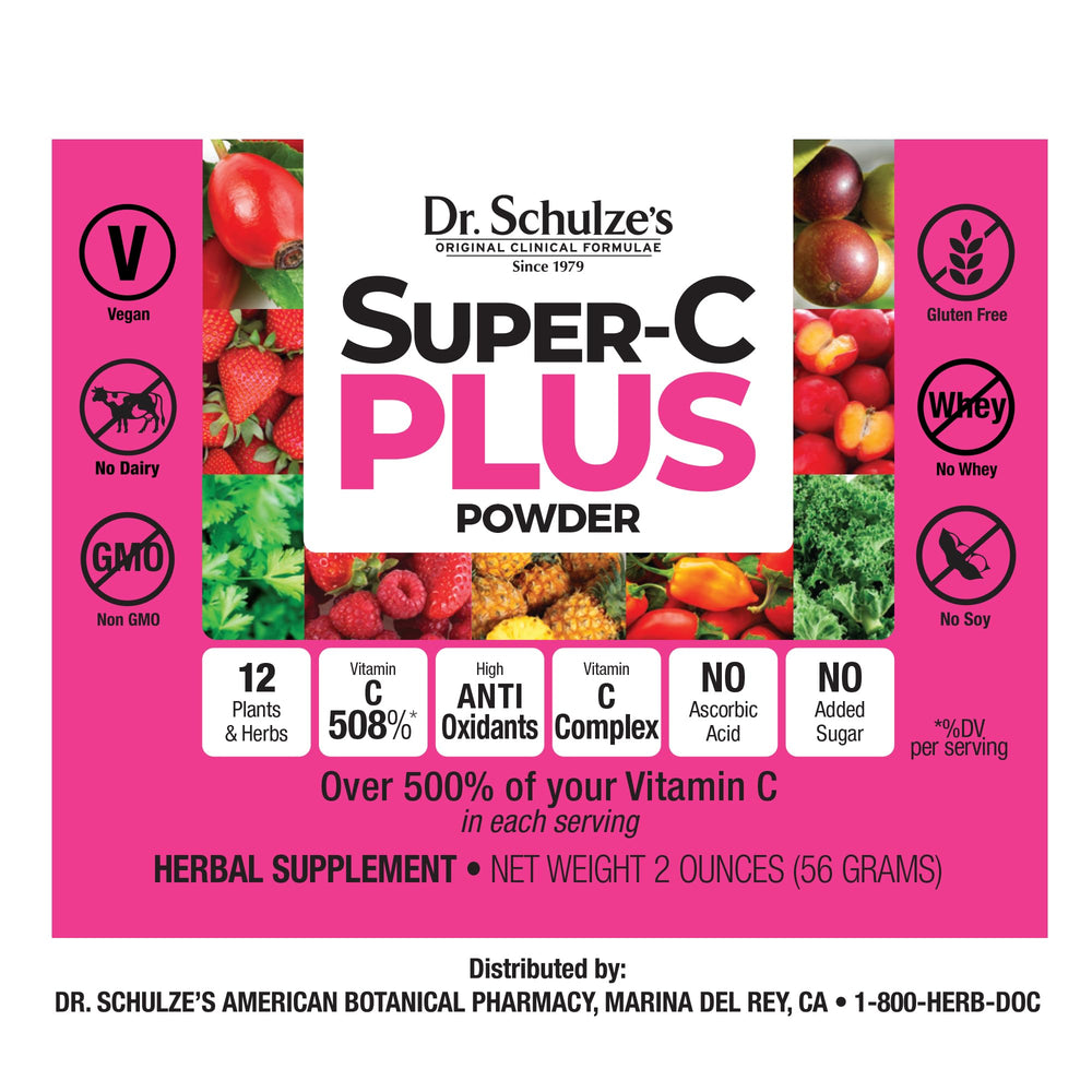 Dr. Schulze's Super-C Plus ingredients blend featuring 12 organic fruits and herbs.