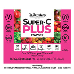 Dr. Schulze's Super-C Plus ingredients blend featuring 12 organic fruits and herbs.