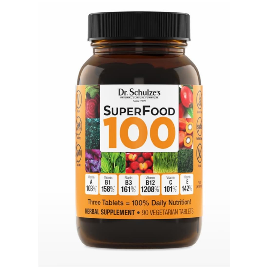 Dr. Schulze's SuperFood 100 bottle front view for daily nutrition support