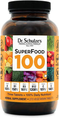 Dr. Schulze's SuperFood 100 bottle label shows plant-based nutrition for daily wellness.
