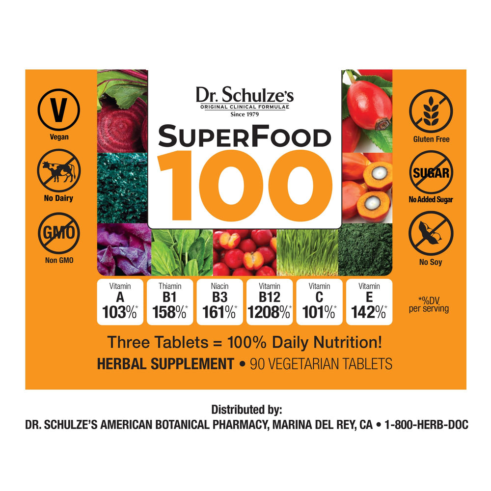 Dr. Schulze's SuperFood 100 greens blend label highlighting natural nutrition