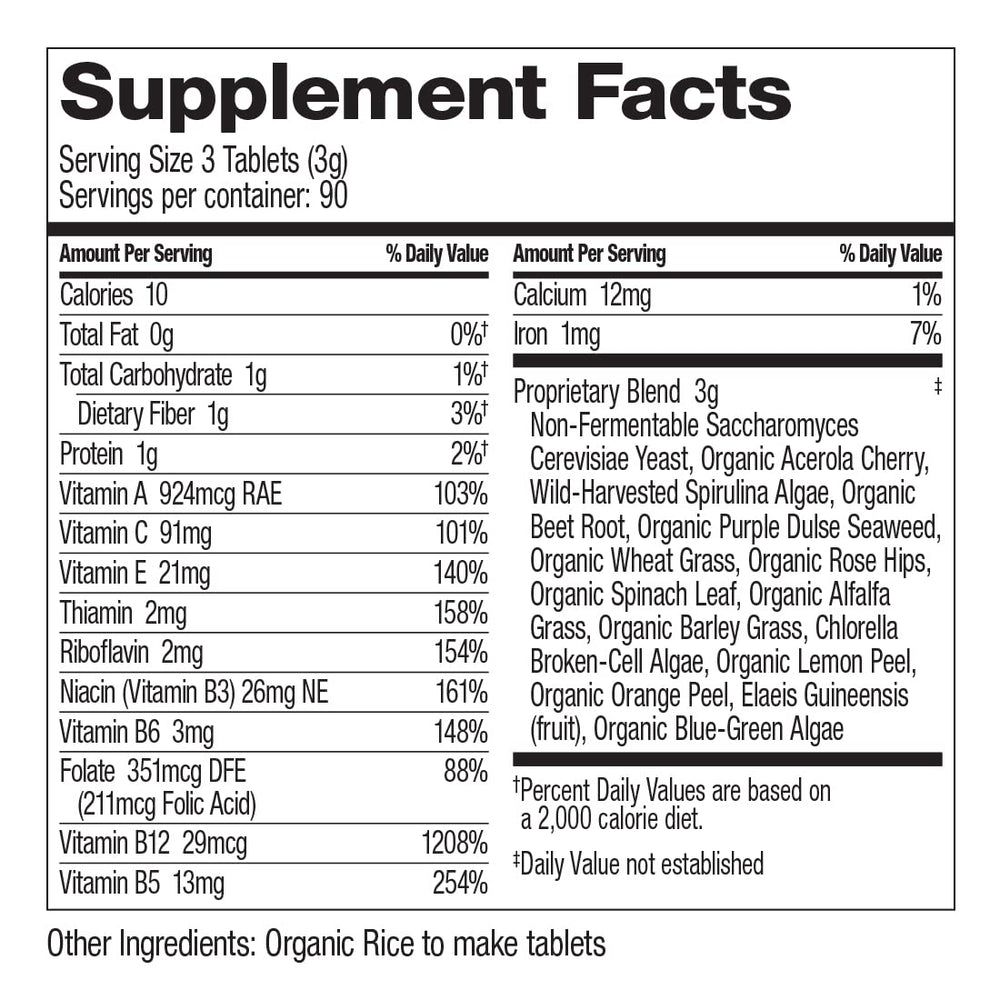 Dr. Schulze's SuperFood 100 ingredients area highlights wild-harvest greens.