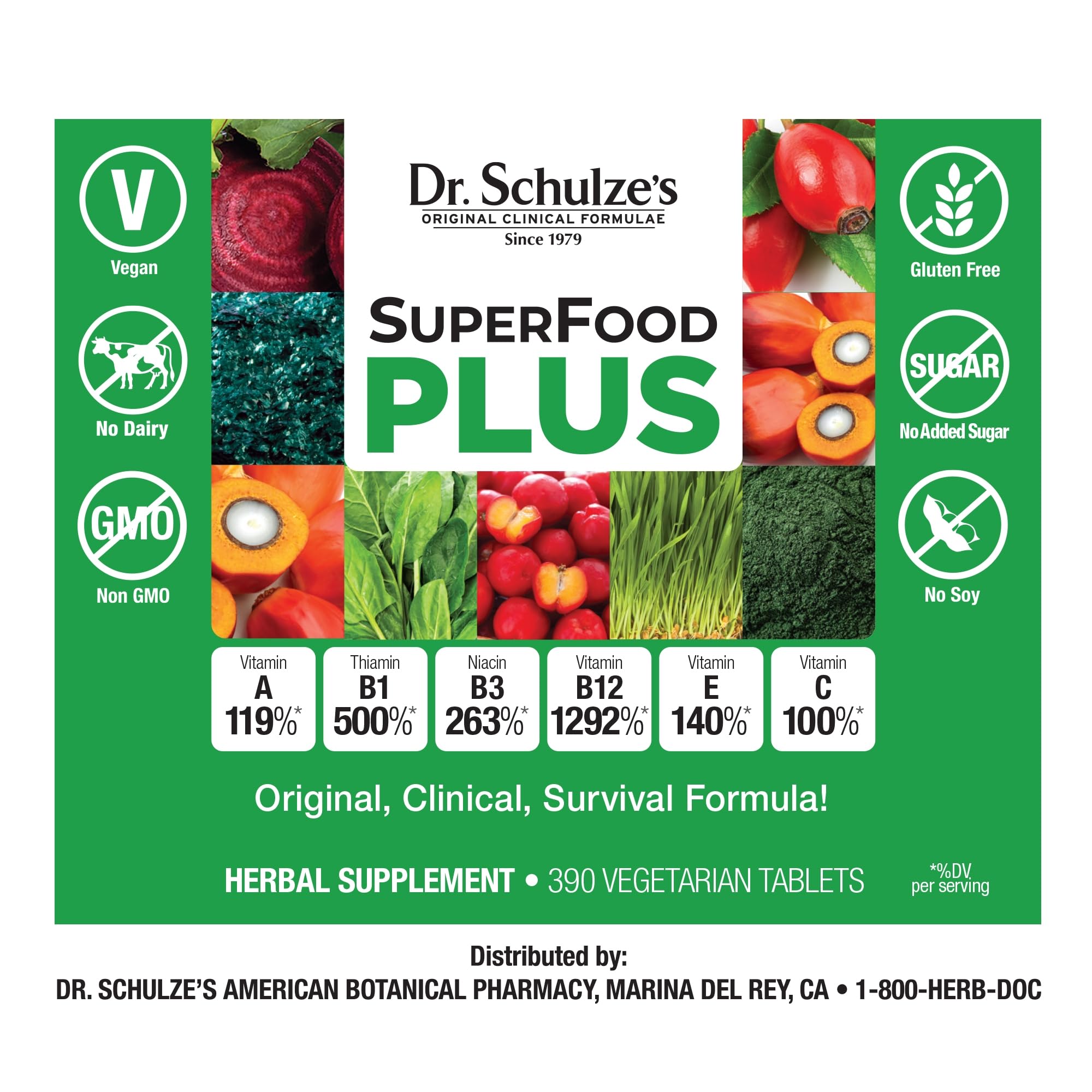 Dr. Schulze's SuperFood Plus greens variety with vibrant vegetables supporting wellness