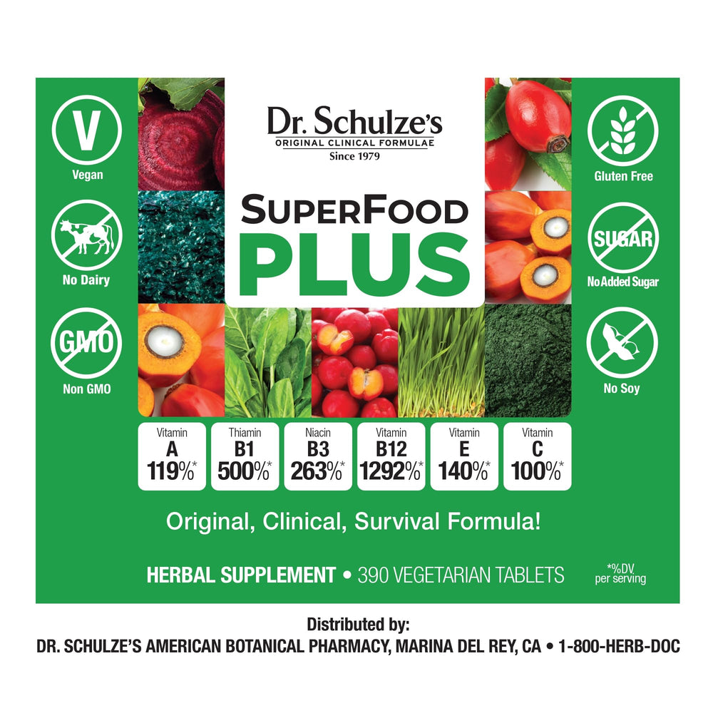 Dr. Schulze's SuperFood Plus greens variety with vibrant vegetables supporting wellness